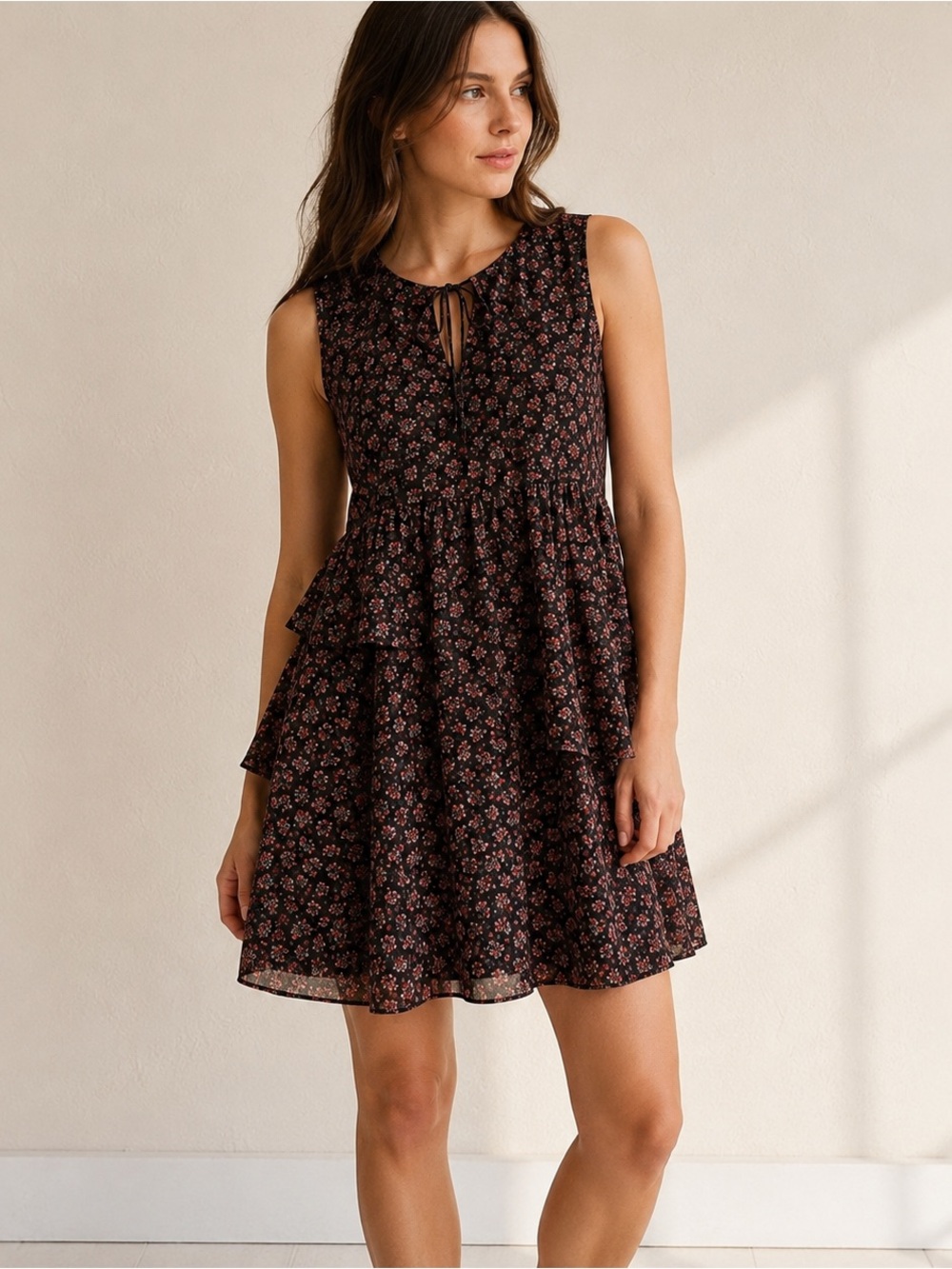 Libby Edelman Floral Tiered Mini Dress Sleeveless Black Pink Size S